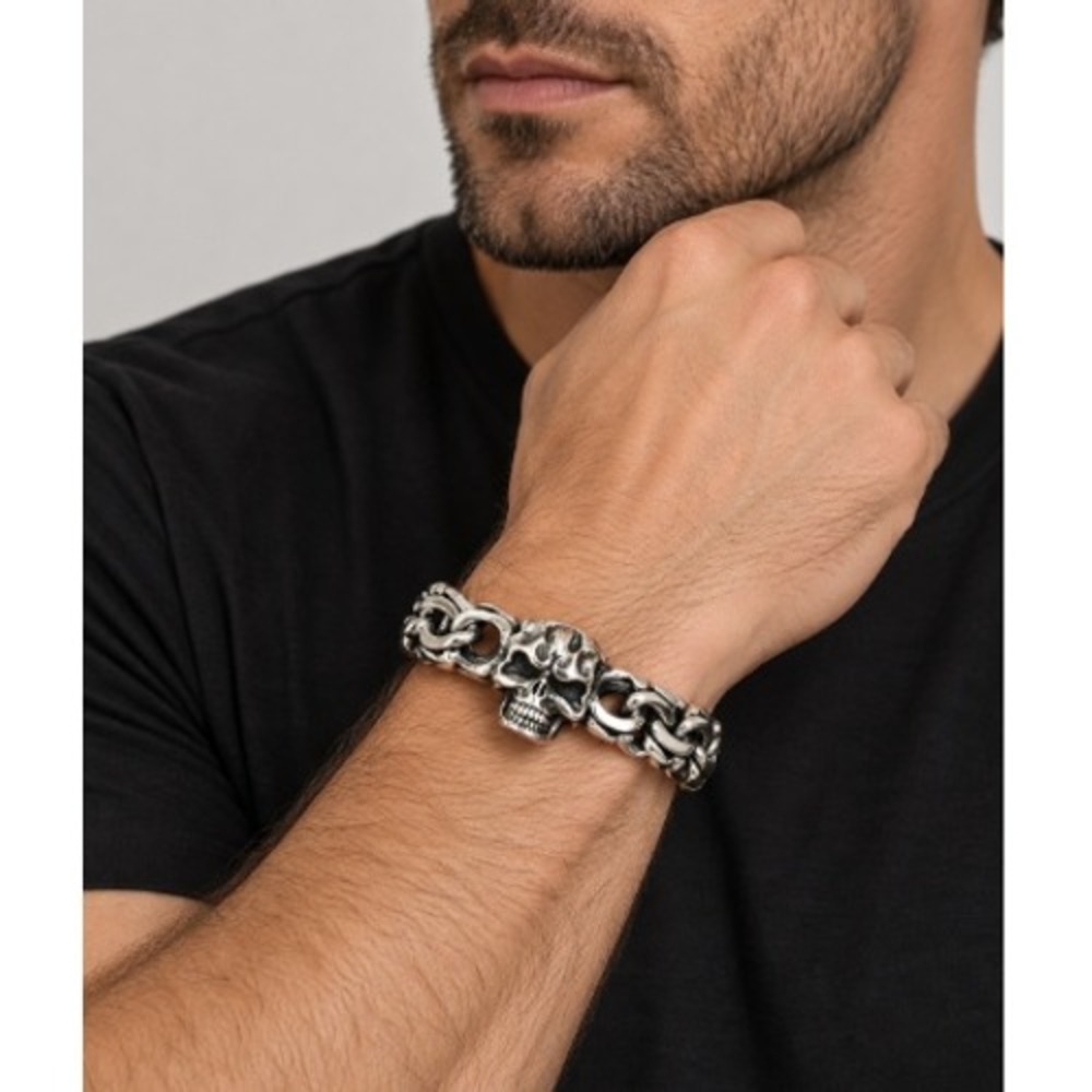 MIA Mens Gothic Biker Heavy Chain Silver 925 Skull Link Bracelet 9 Inch